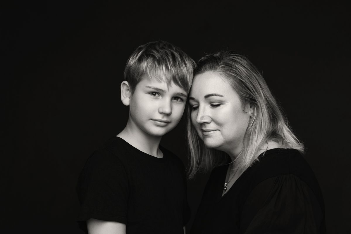 Mum and son sharing connection, black and white