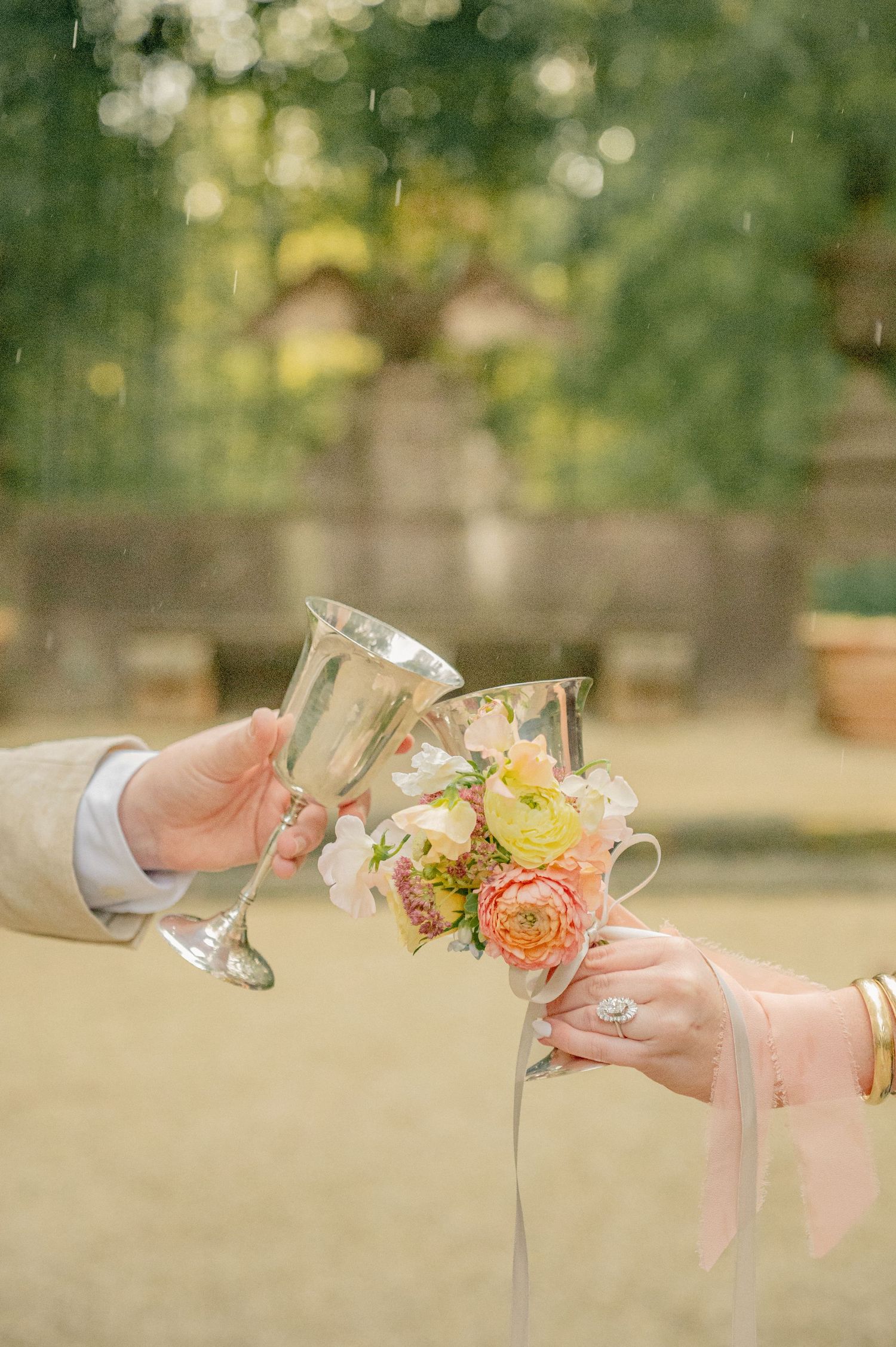 Champagne toast sequence with crystal glasses against blurred natural background.