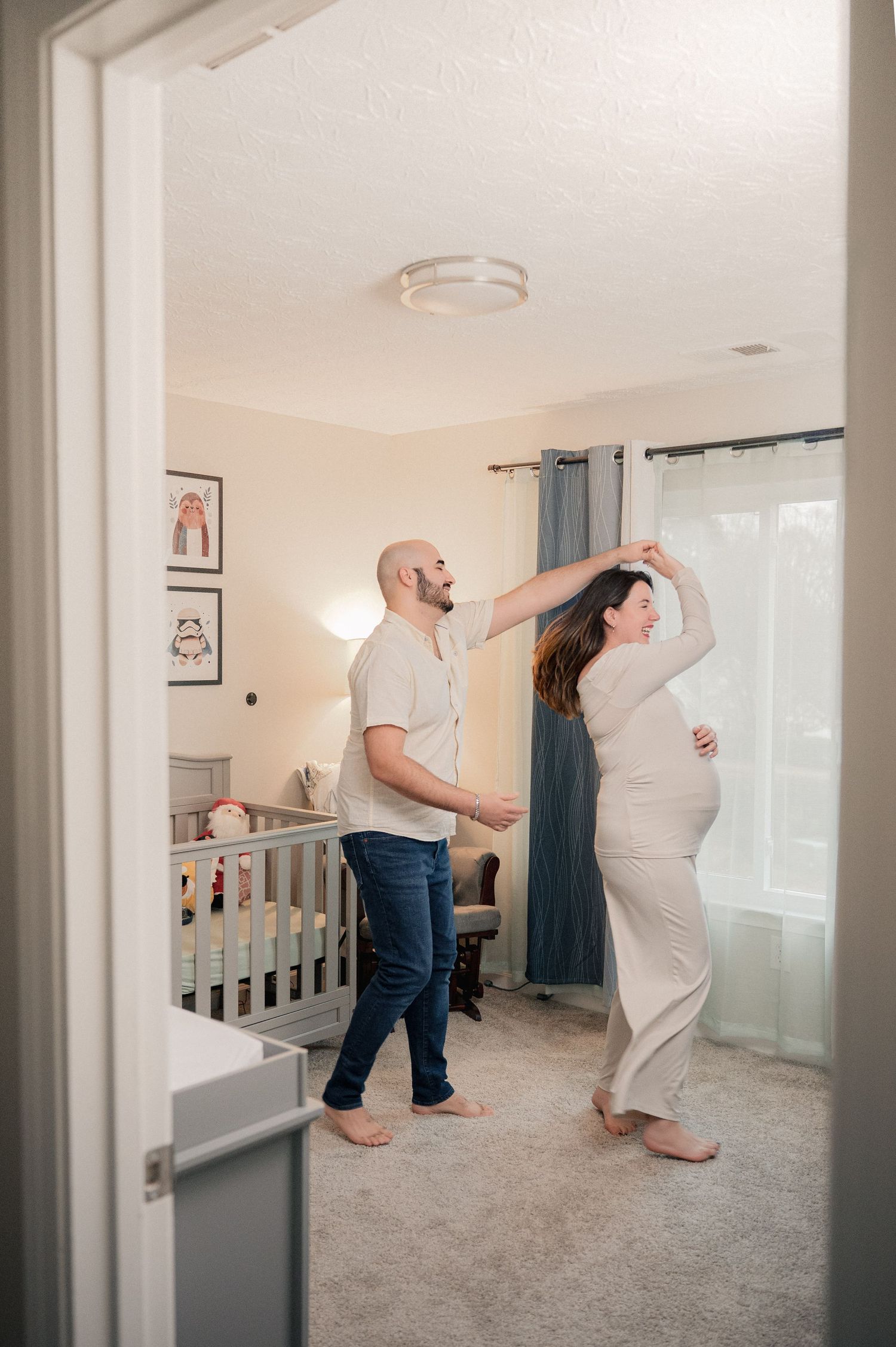A series of photos showing a dancing sequence in a bright indoor room with carpeted floors.