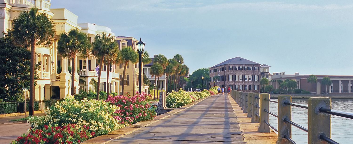 Scenic waterfront promenade with colorful flowers and palm trees along historic buildings in Charleston, South Carolina.