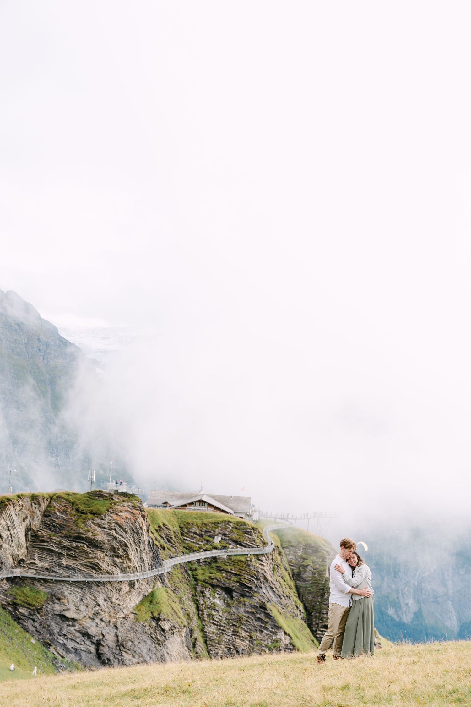 Majestic snow-capped Alps mountains tower over green meadows and pine forests in a scenic Swiss valley landscape in Grindelwald.