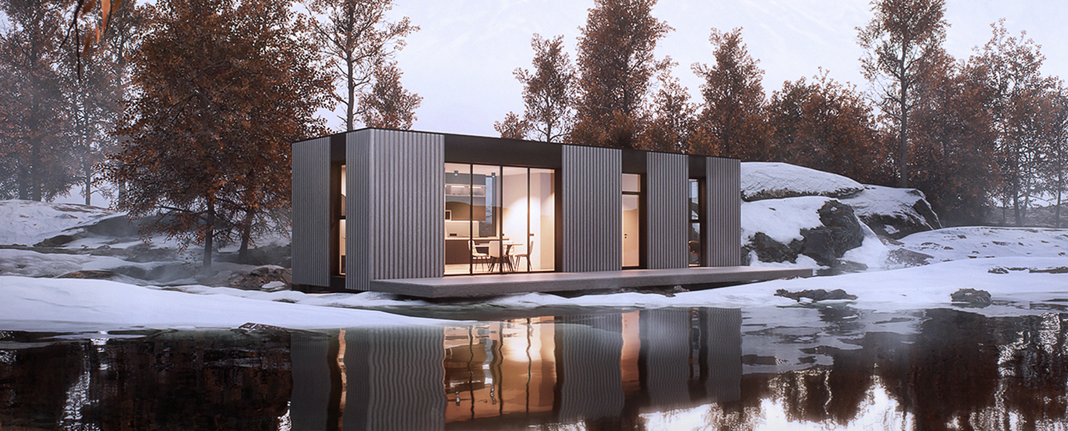 Contemporary house design with dark roof featuring solar panels and covered patio area in natural setting.