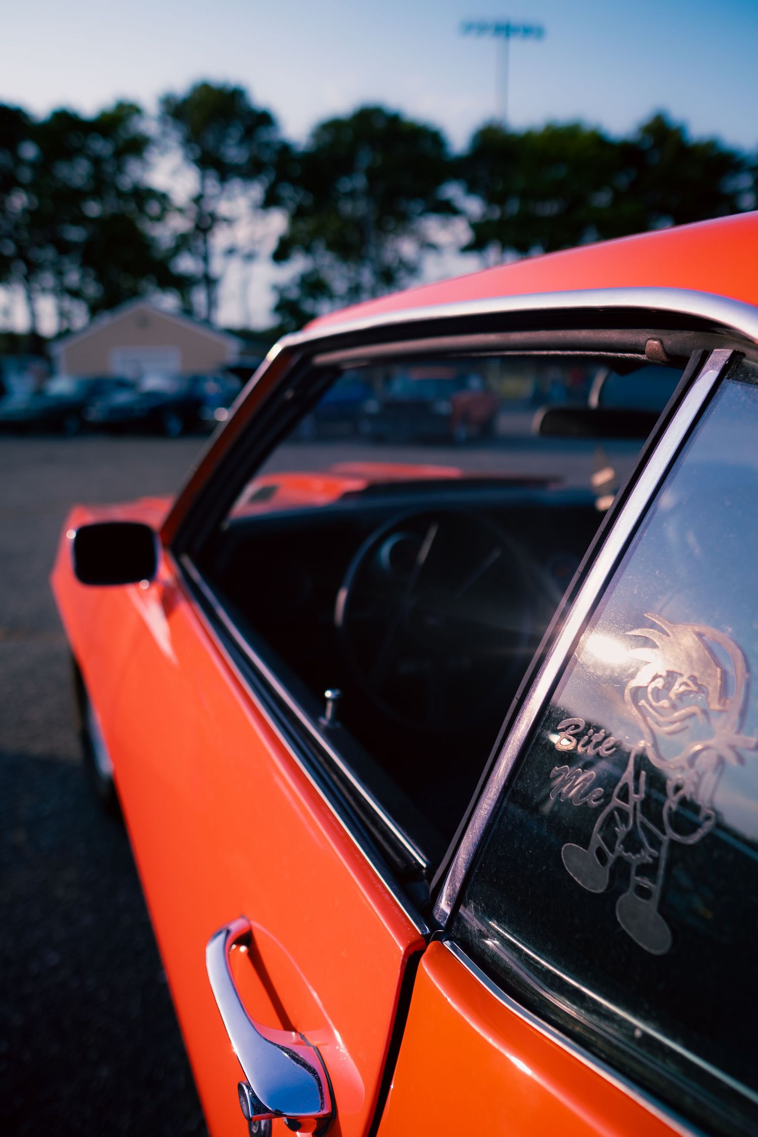 Close-up of vintage orange car window and side mirror at dusk.