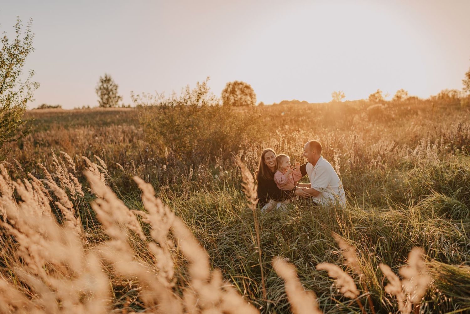 Intimate family portraits taken in a golden field during magic hour.