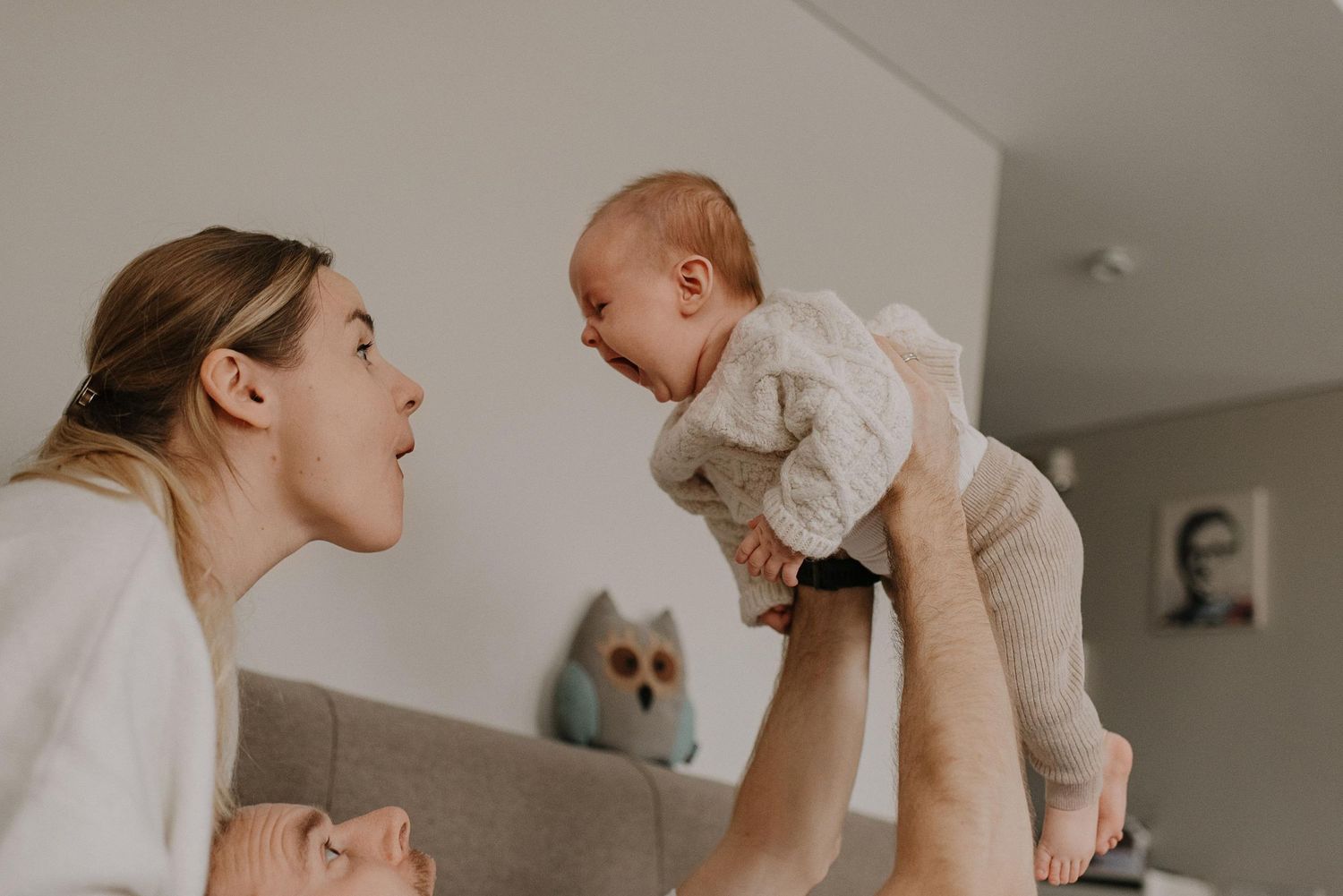 Playful moment with baby being lifted up while small dog watches in background.
