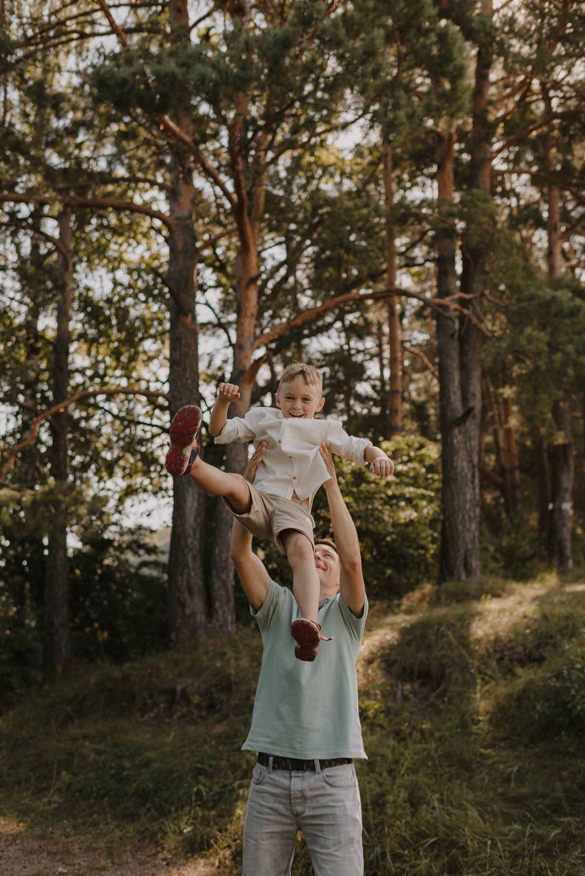A playful moment captured in a pine forest as a child is lifted into the air.
