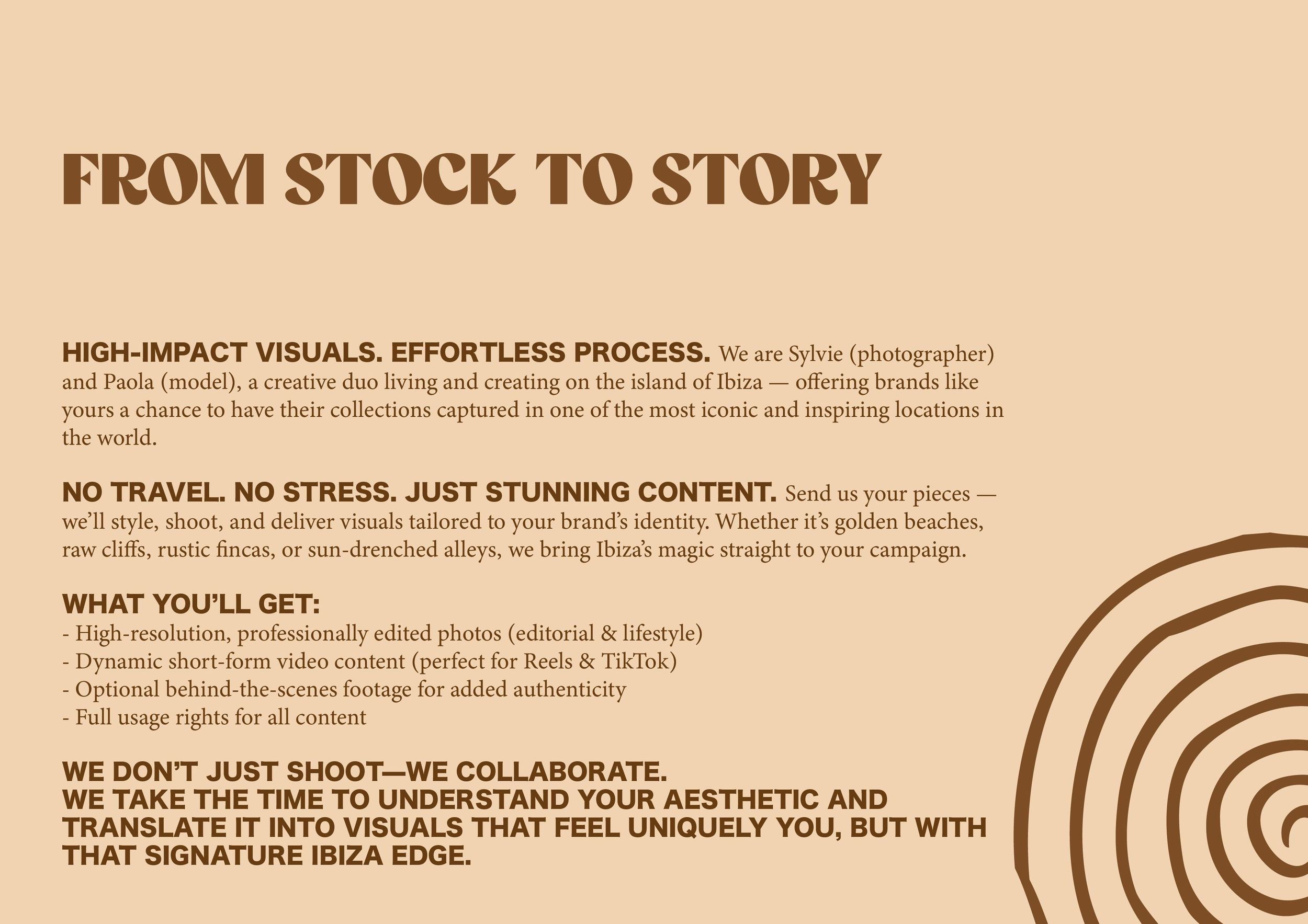 Beige banner with text explaining stock to story photography process.