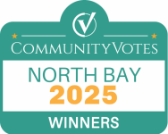 Green and white website badges displaying community votes, North Bay, and winners text with decorative elements.
