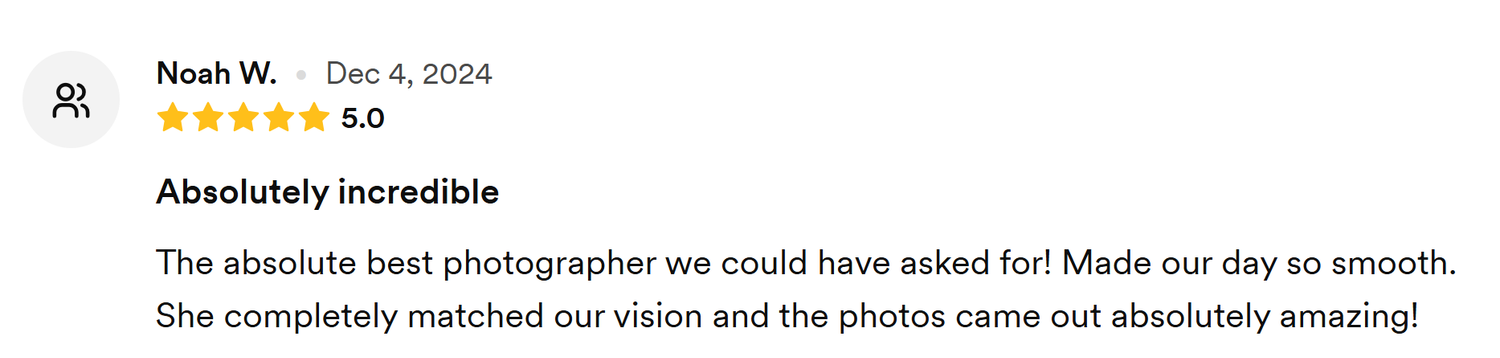 Five star review screenshot praising a photographer's work with positive feedback about matching vision and smooth session.