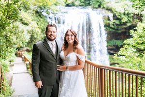 Wedding party gathers on wooden walkway with cascading waterfall in background.