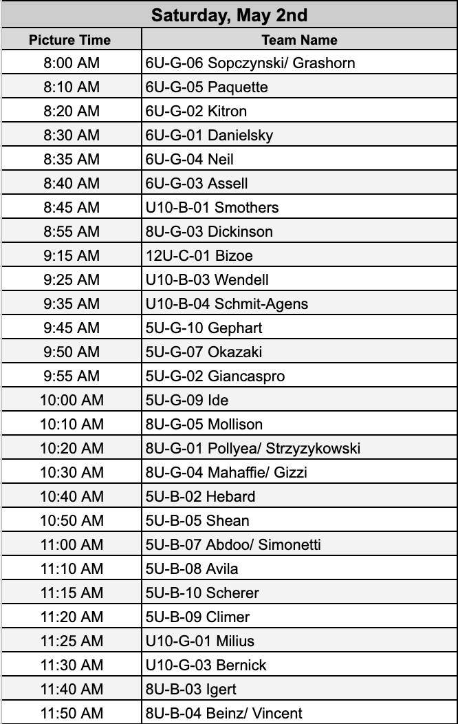 Saturday October 4th 2025 team photo session schedule grid.