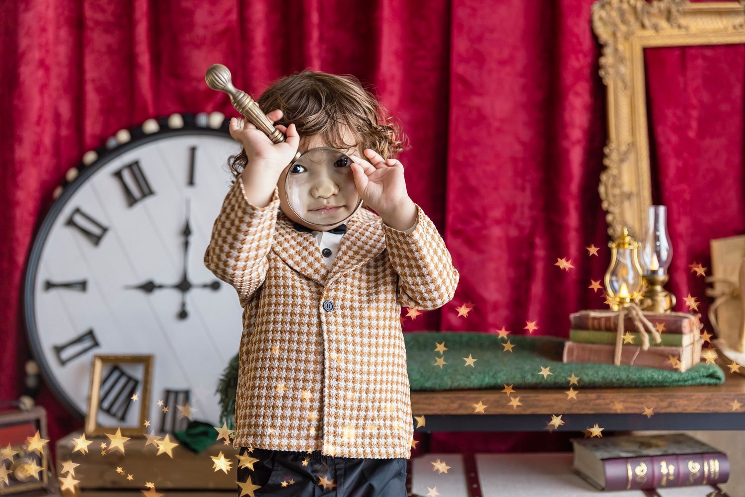 2 year old boy playing with a magnifying glass in a Detres photography Photoshoot in La Playa de Ponce
