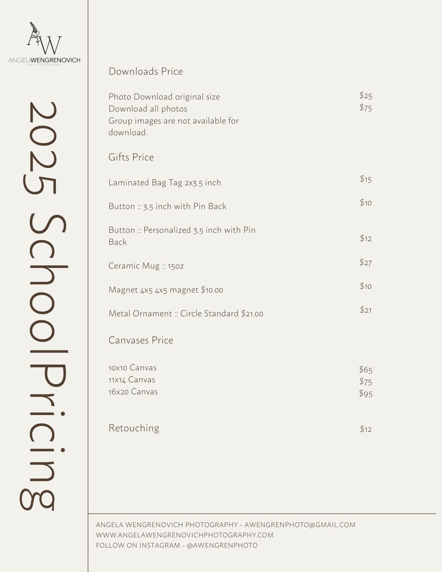 A minimalist pricing menu design with black text on white background showing photography services and rates.