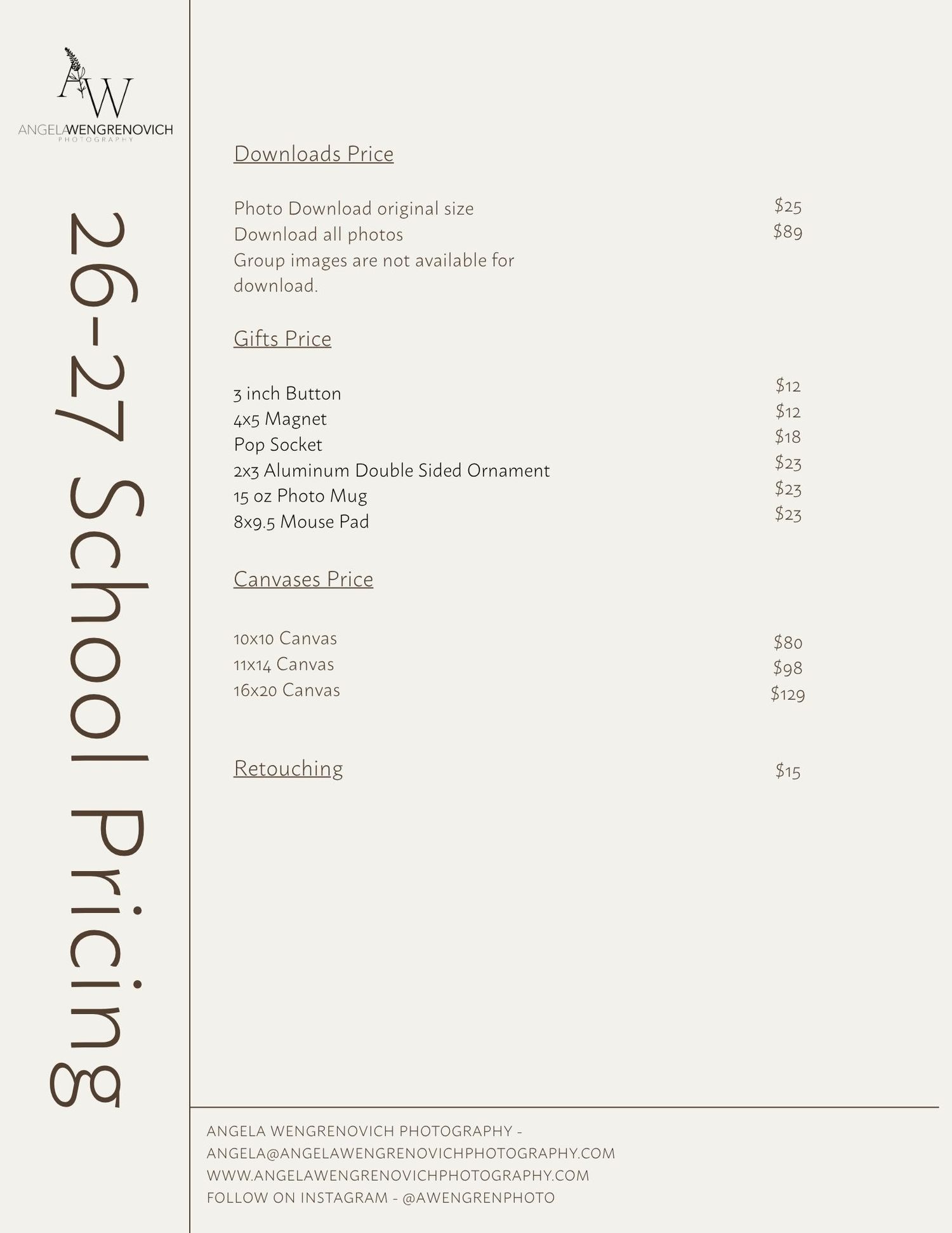 A minimalist pricing menu design with black text on white background showing photography services and rates.