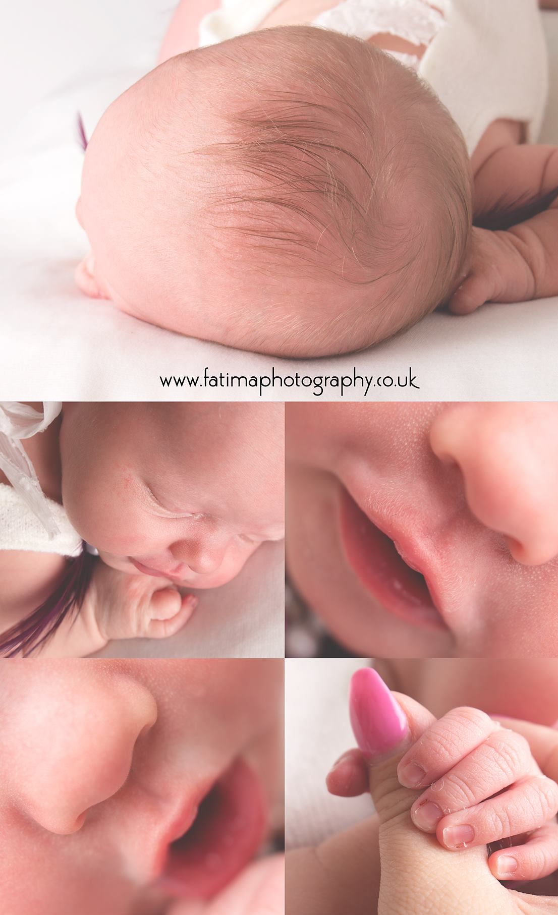 Close-up collage of newborn baby details showing tiny fingers, soft features and delicate skin in pink tones.