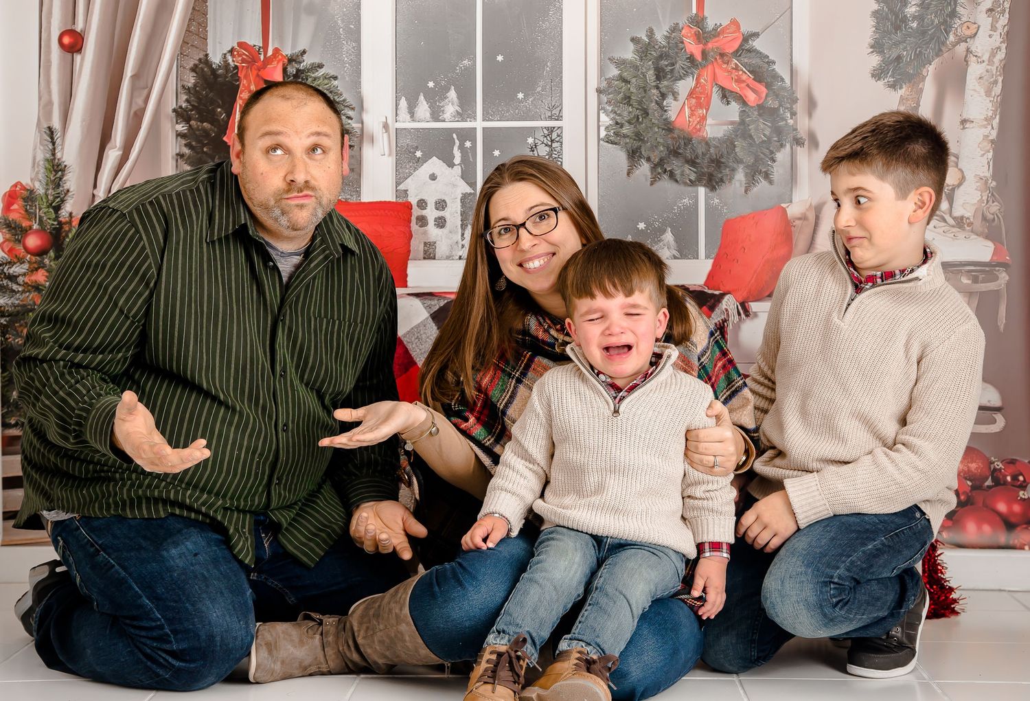A sequence of five holiday-themed photos showing playful interactions between people in a festive indoor setting.