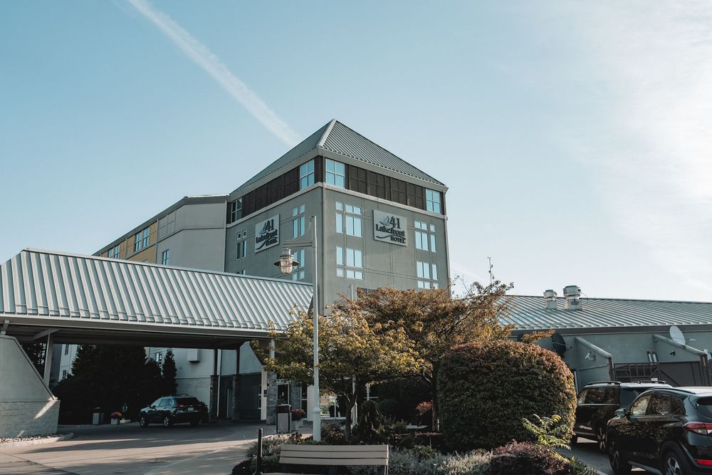 Modern commercial buildings and architecture against a bright blue sky.