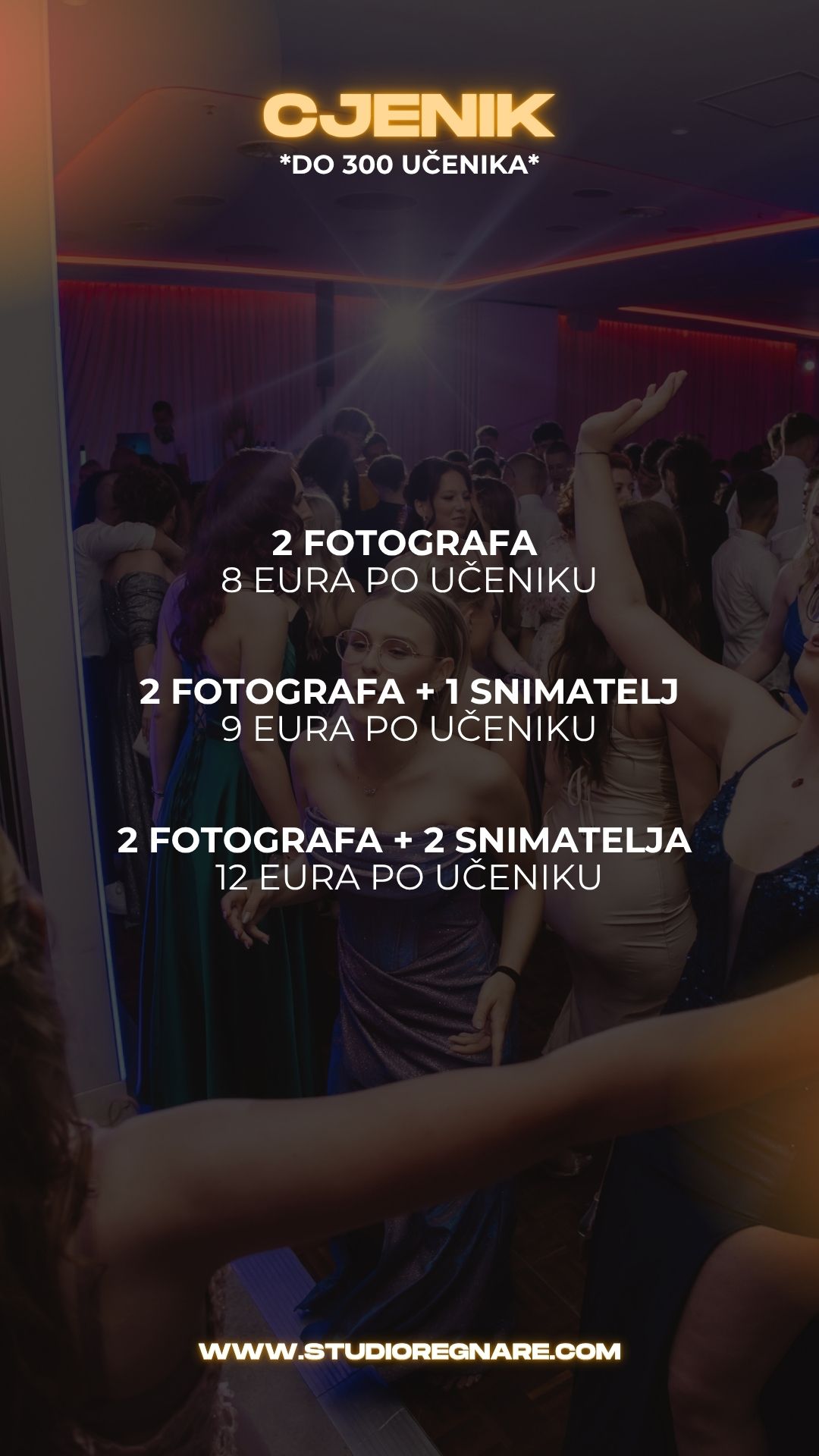 Nightclub event poster with text overlays showing 'Maturalna Vecer' against a dark background with crowd photos.