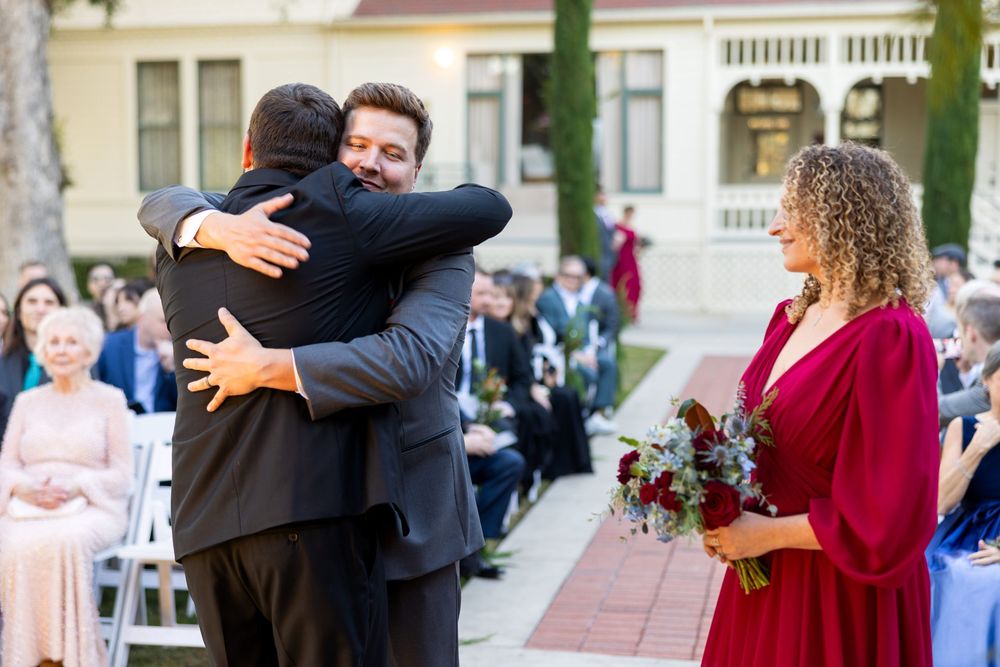 A series of wedding celebration moments showing embraces and dancing between couples at an outdoor reception venue.