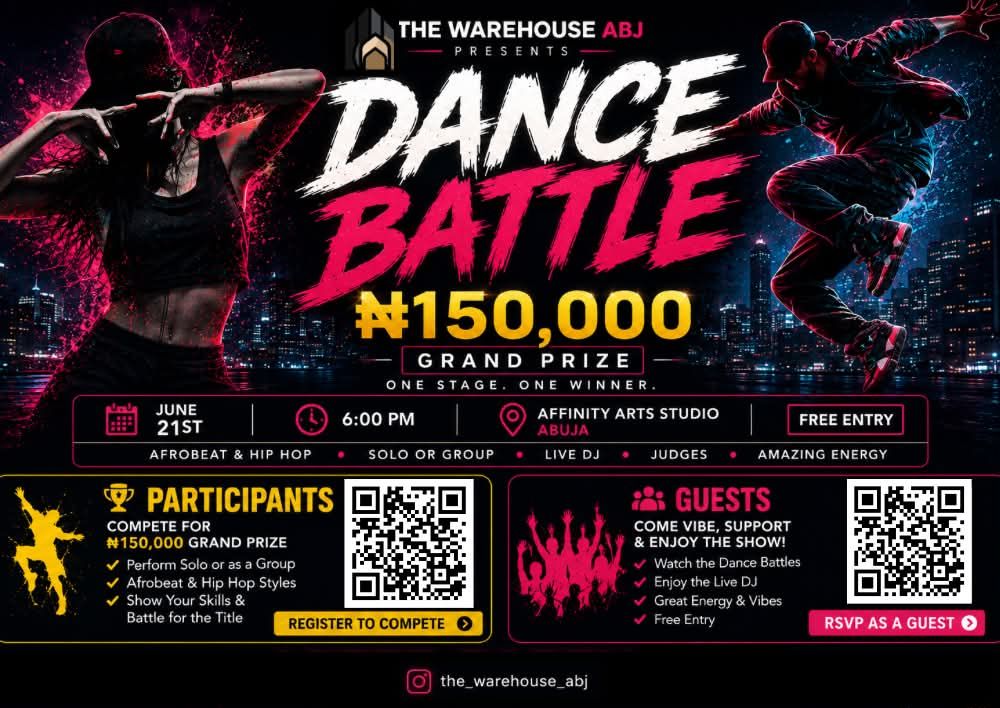 Vibrant Dance Battle flyer for The Warehouse ABJ offering a ₦150,000 grand prize on June 21st with free entry.