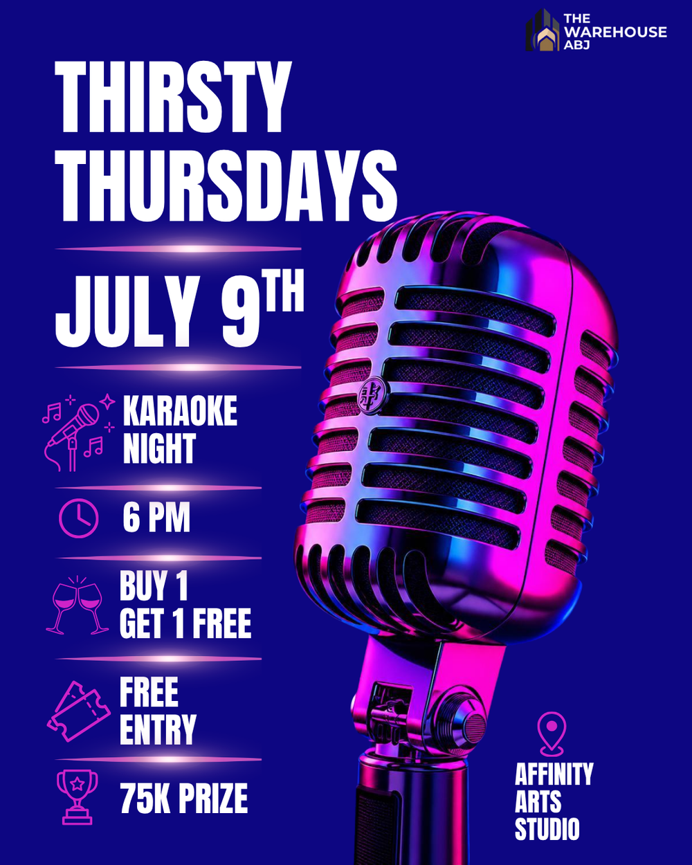 Thirsty Thursdays karaoke night flyer for July 9th at The Warehouse Abu Dhabi, featuring buy 1 get 1 free drinks and 75K prize.