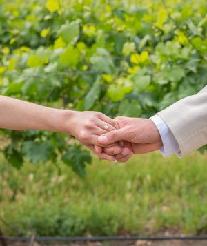 Two sets of hands gently reaching toward each other against a soft blurred green garden background with yellow flowers.