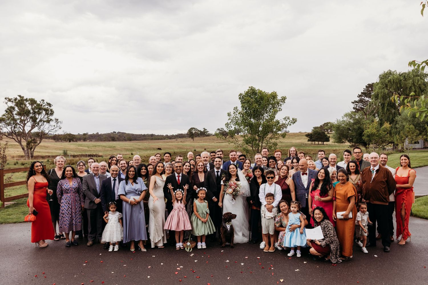 Large wedding group photo of guests and wedding party gathered outdoors on a cloudy day.