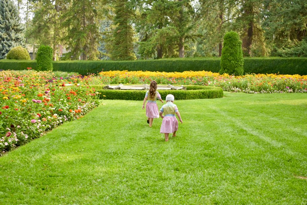 People stroll through a vibrant garden with green lawns and blooming yellow daffodils on a sunny spring day.