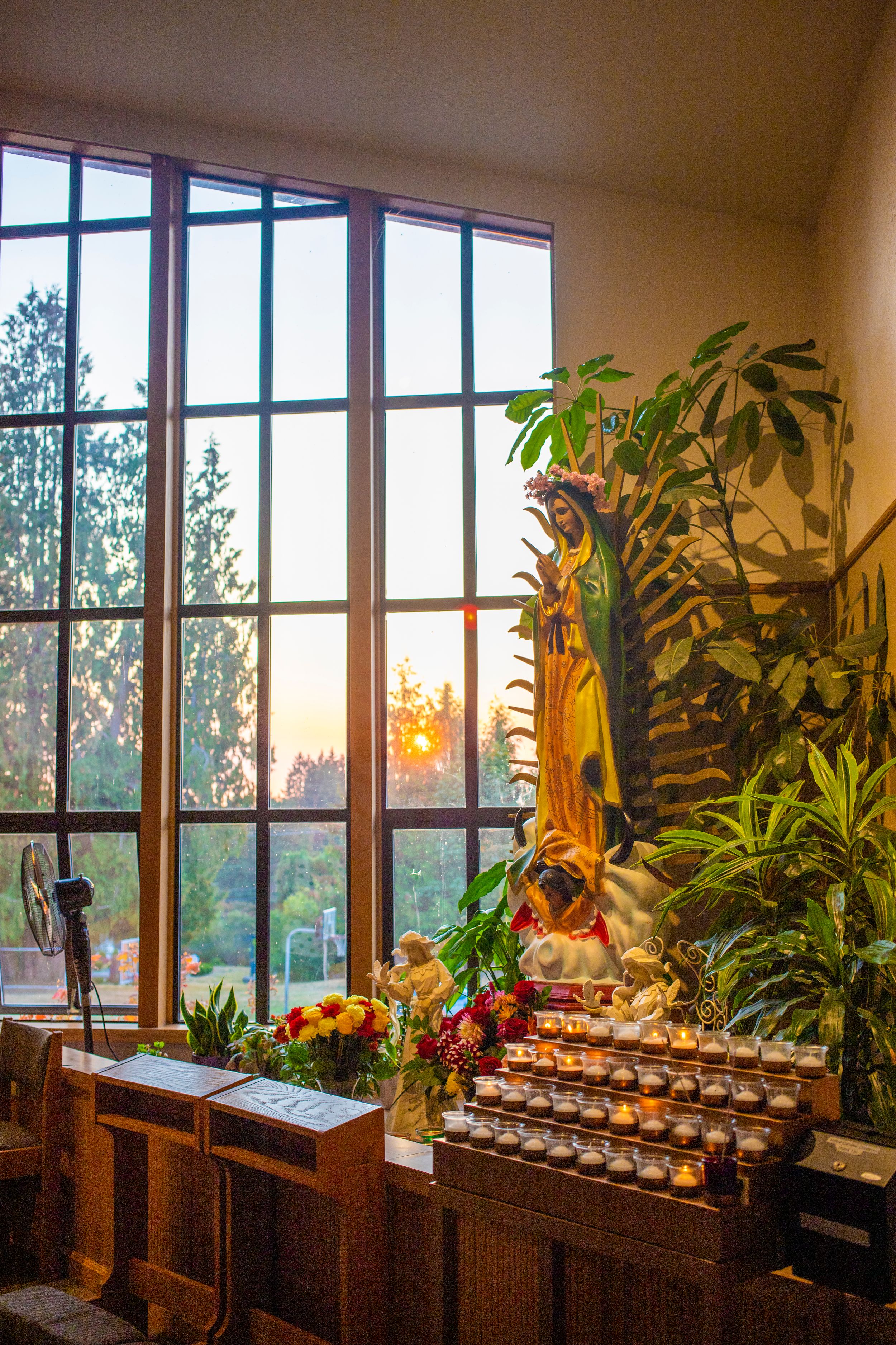 A church reception area with large windows, plants, and refreshment display at sunset.
