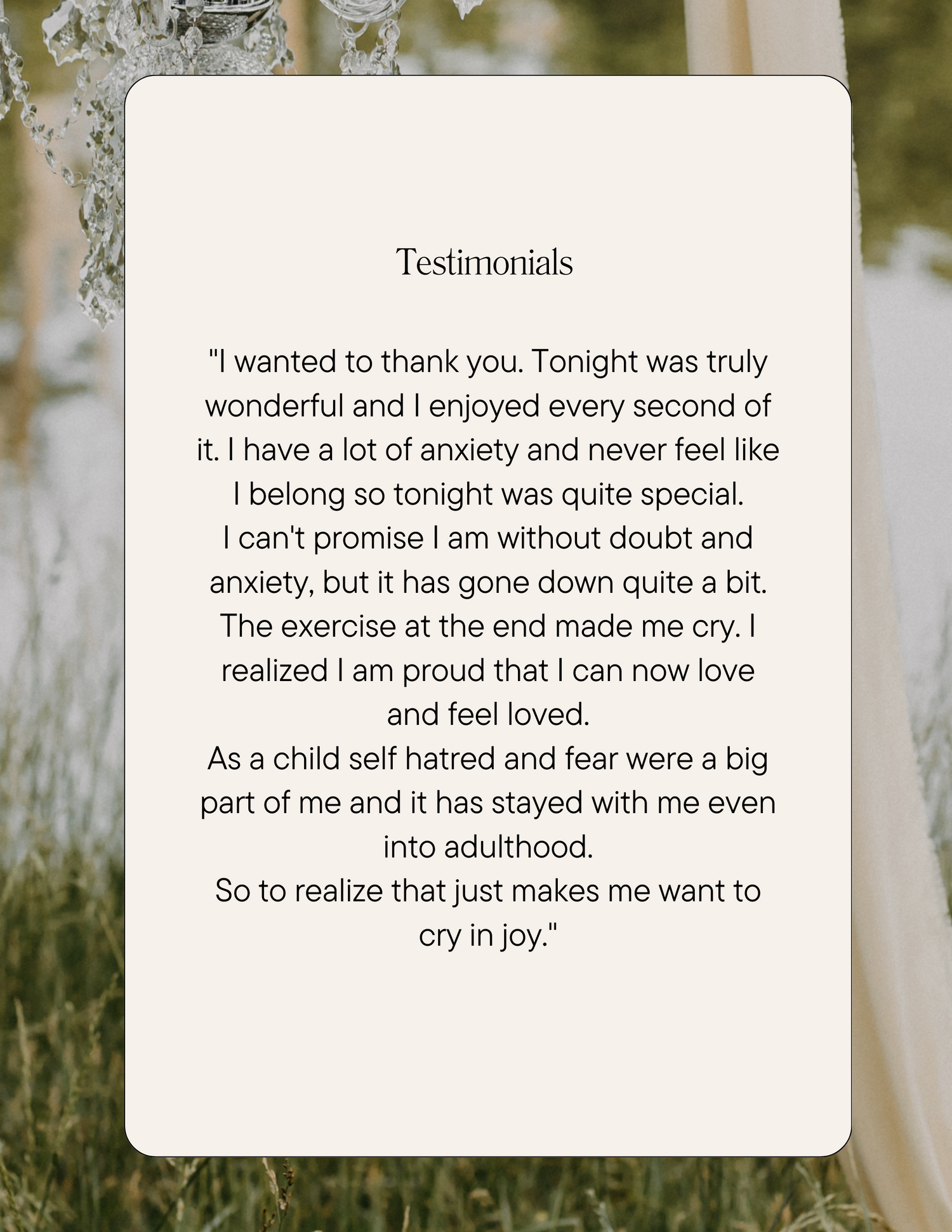 Heartfelt testimonial from an anxious woman who found belonging and self-love at a special women's gathering event.