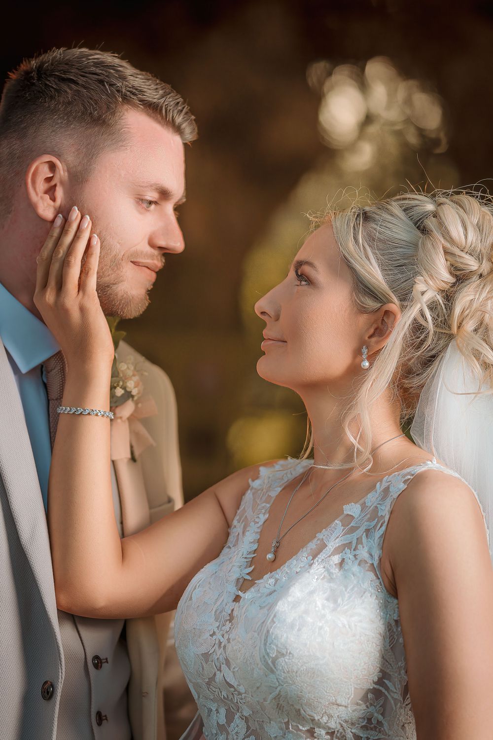 A romantic wedding photo series showing tender moments between newlyweds in a warm brown outdoor setting.