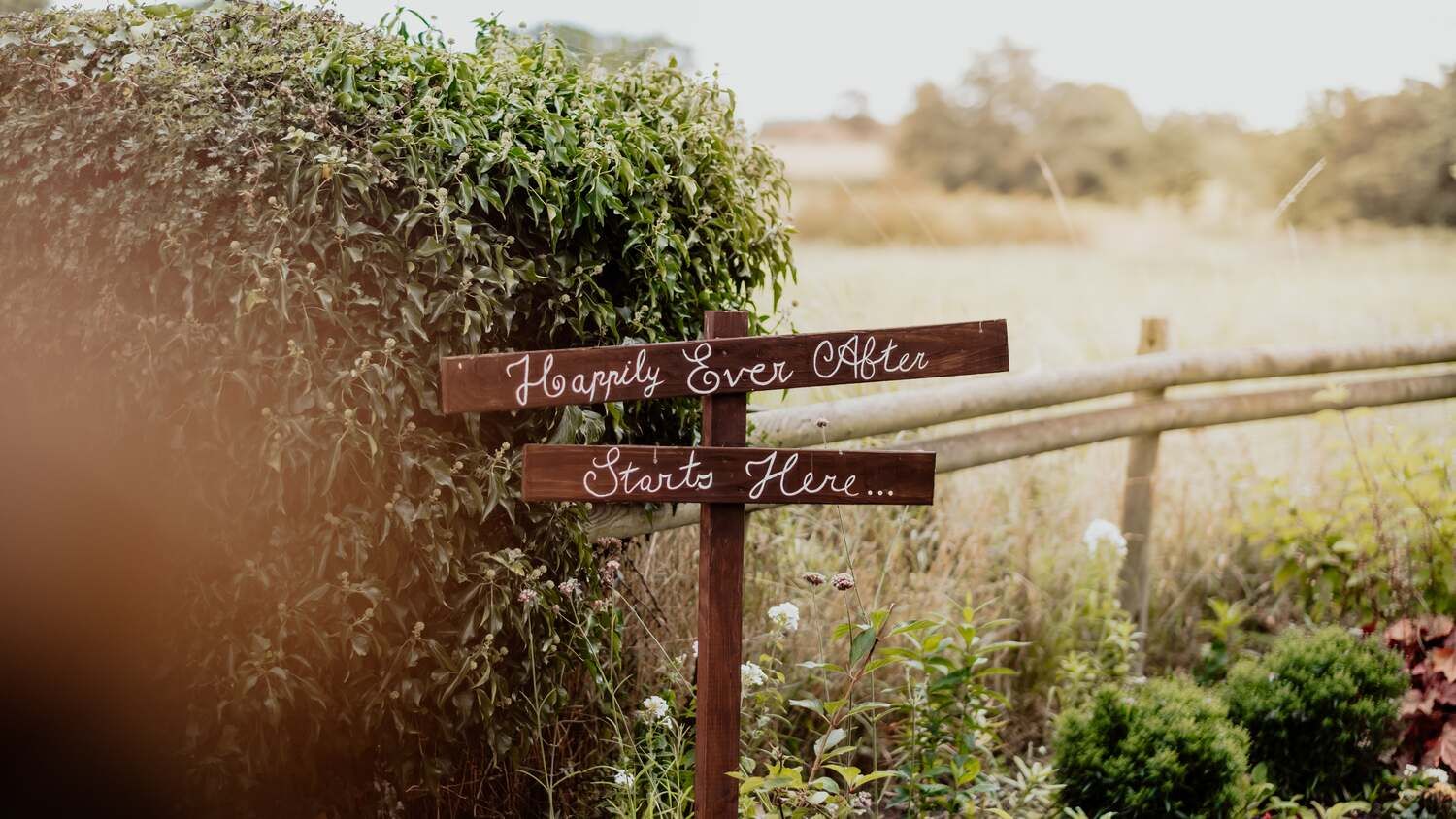wooden sign saying 'happy ever after starts here'