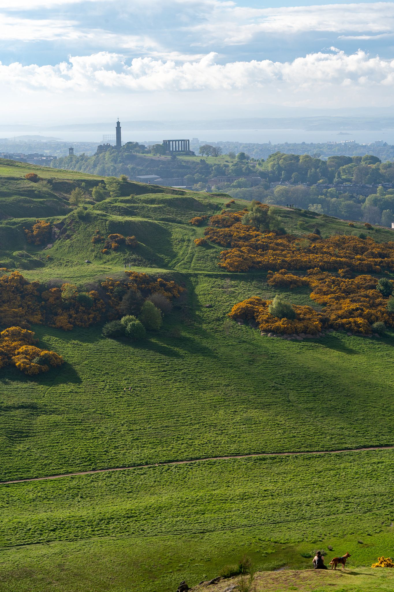 Rolling green hills of Edinburgh with Calton Hill monuments visible in the misty distance.
