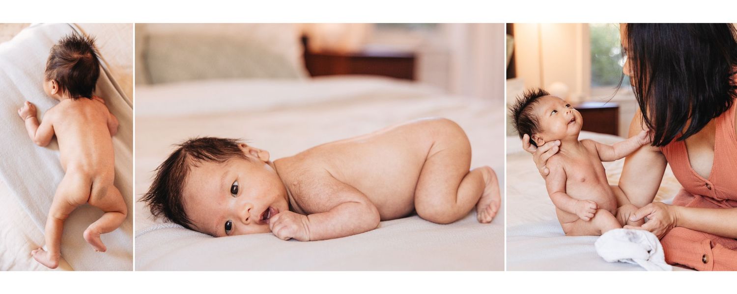 Artistic black and white family portraits on white bedding.