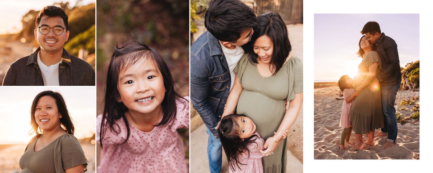 Collection of candid family portraits during sunset beach session.