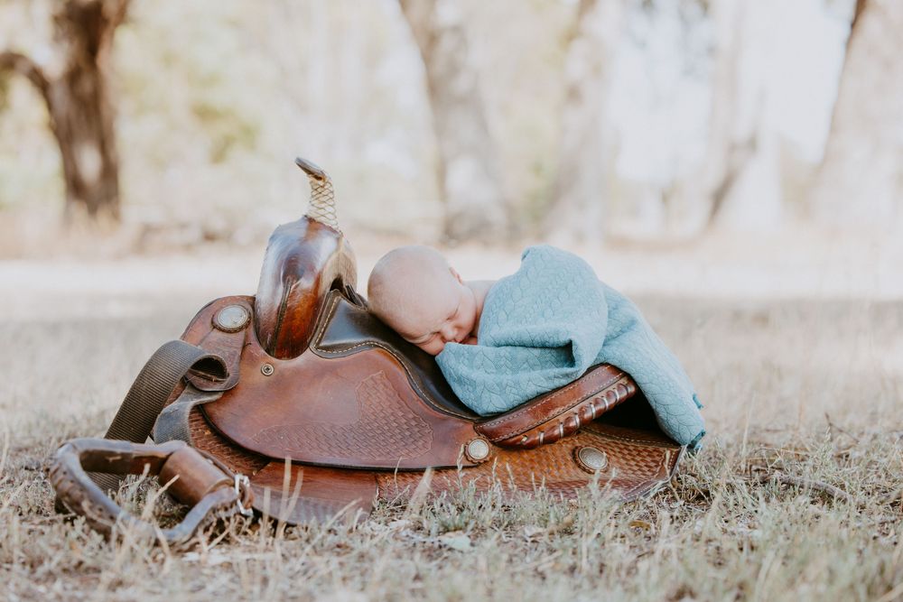 A pair of brown leather cowboy boots with teal accents sits on dried grass in soft lighting.