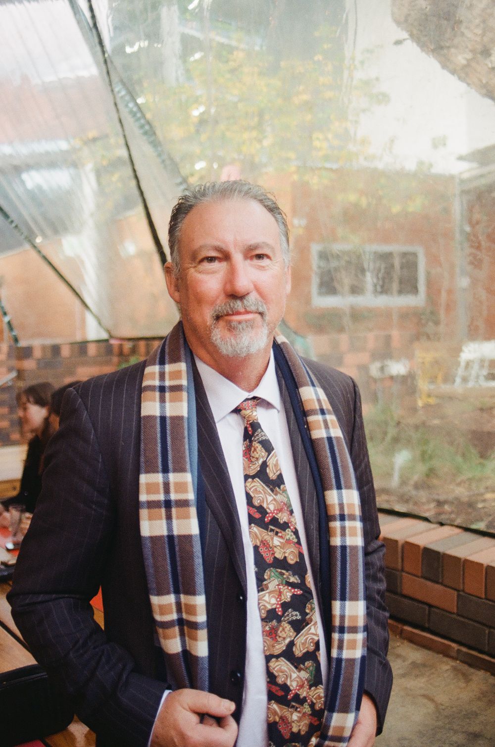 Professional looking mature man in pinstripe suit and patterned scarf poses in front of window.
