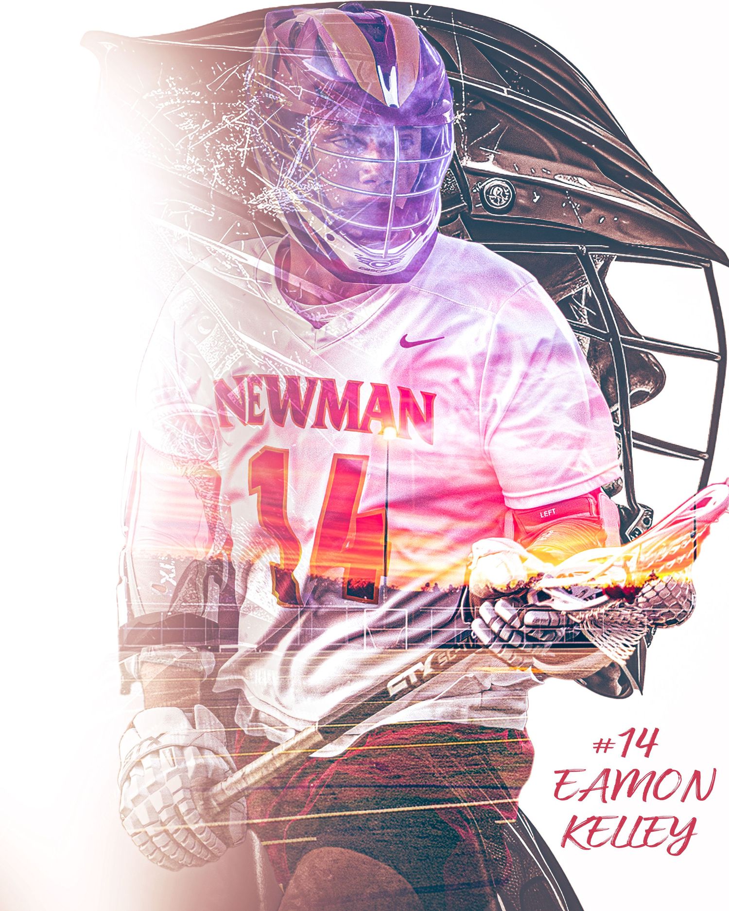 Artistic double exposure of a lacrosse player wearing jersey number 14 blended with a purple-lit sunset skyline.