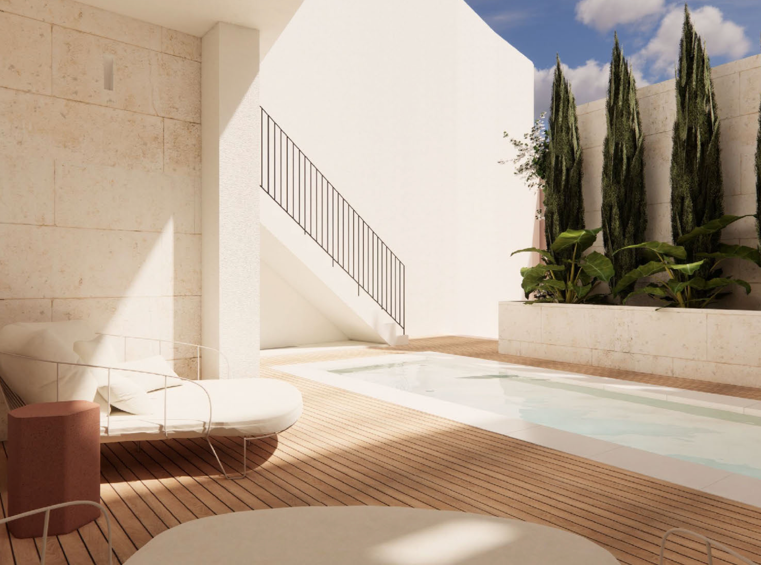Modern curved wooden deck with white stone walls and cypress trees creates an elegant outdoor architectural space.