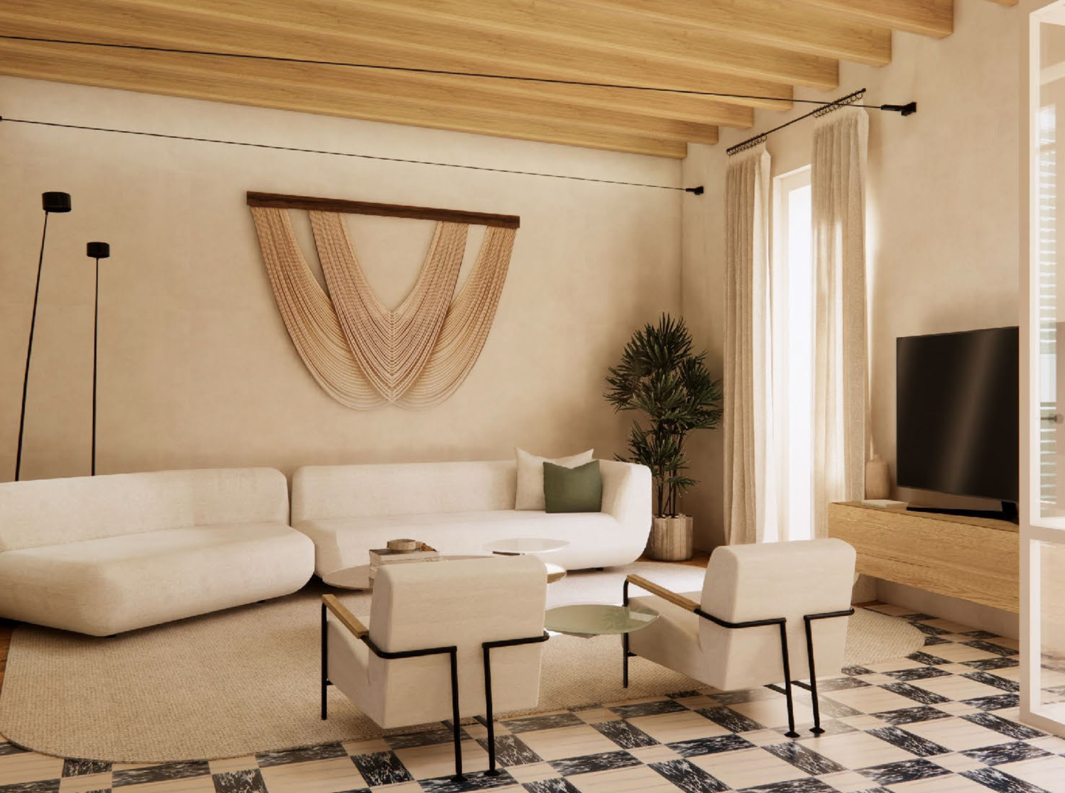 Modern living room with beige sectional sofa, checkered floor, and woven wall art in neutral earth tones.