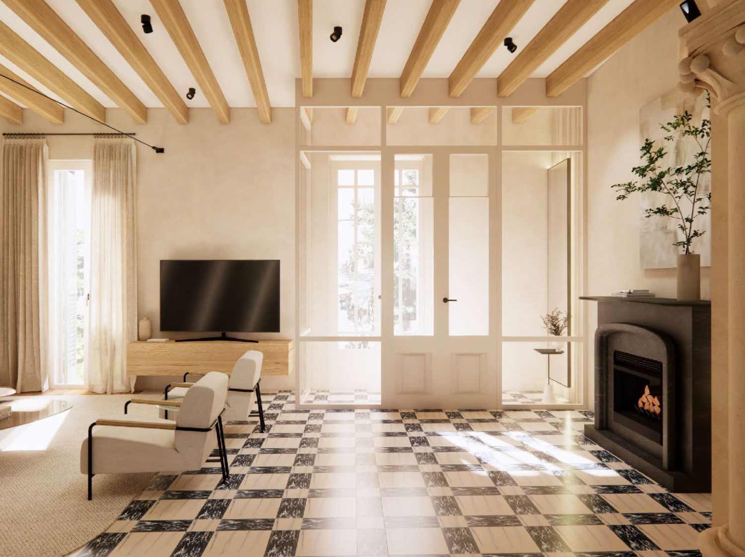 Modern living room with exposed wooden beams, checkered floor, and large windows creating a bright, airy space.
