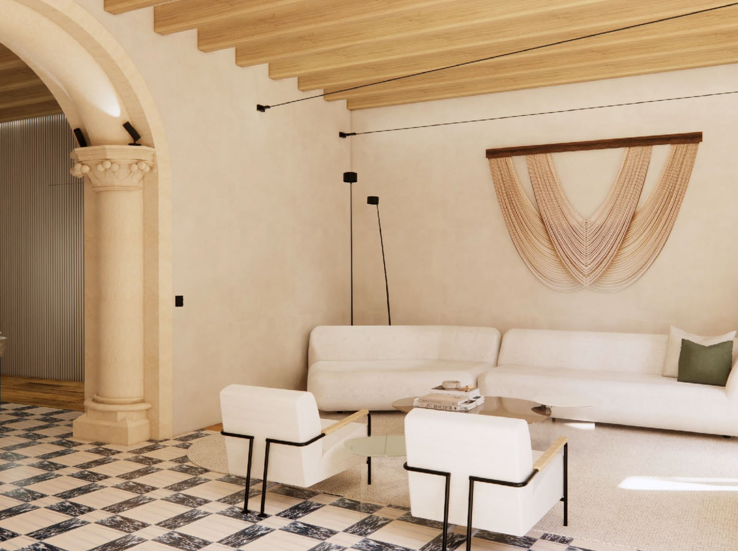 Modern minimalist interior design featuring a row of white chairs and elegant architectural columns in a bright space.