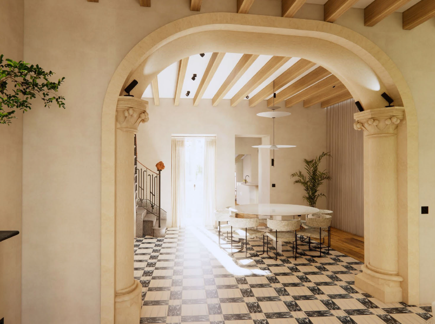A panoramic view of an elegant interior space with checkerboard floors and arched doorways illuminated by natural light.
