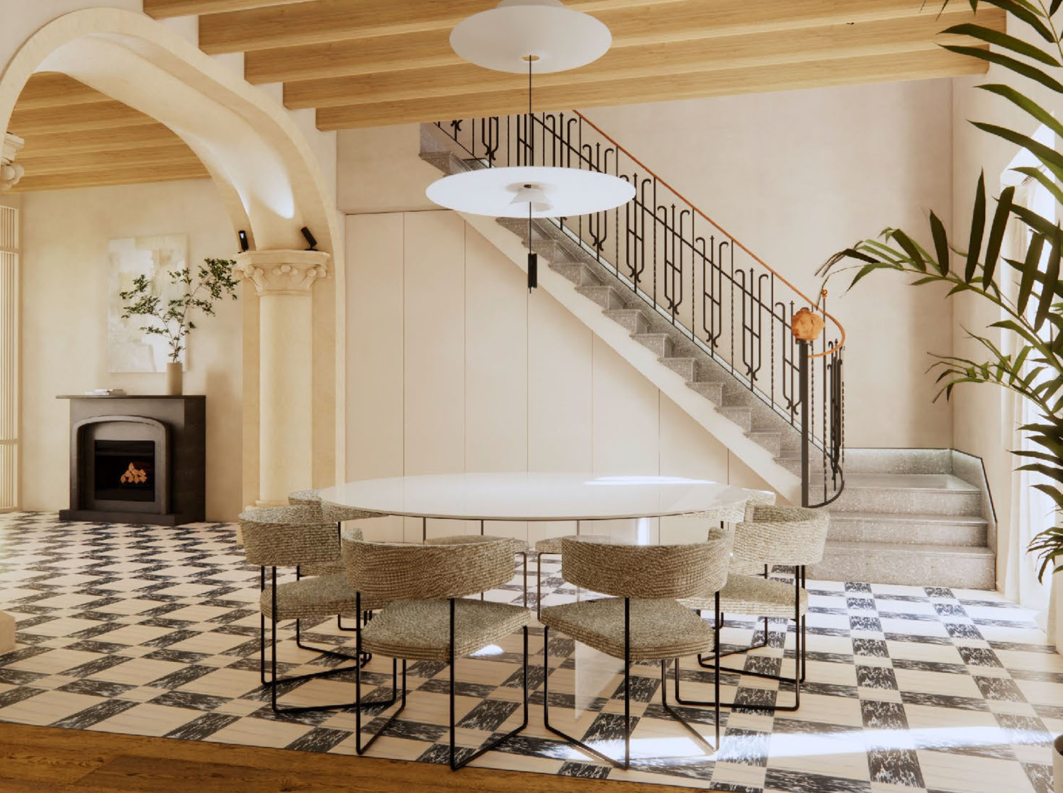 Modern luxury hotel lobby with checkered marble floors, curved staircase, and elegant white decor features palm plants.