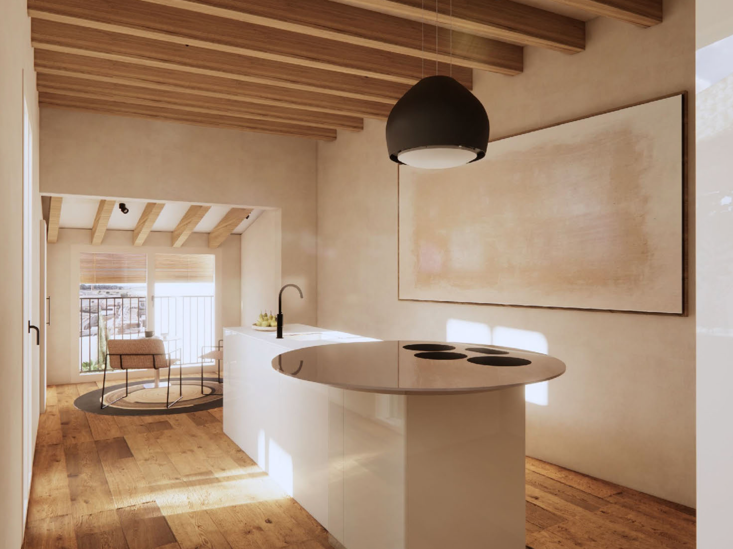 Modern apartment interior with exposed wooden beams and natural light showcasing minimalist Scandinavian design elements.