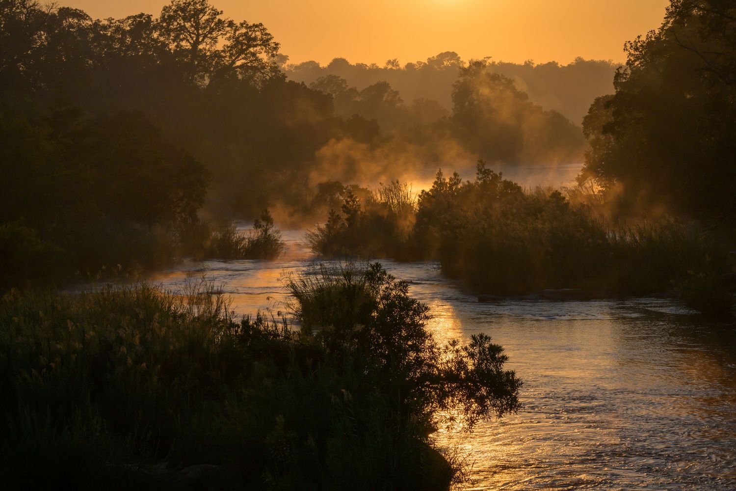 A misty sunrise over a tranquil Sabie River, surrounded by lush trees. The warm orange glow creates a serene and peaceful atmosphere.