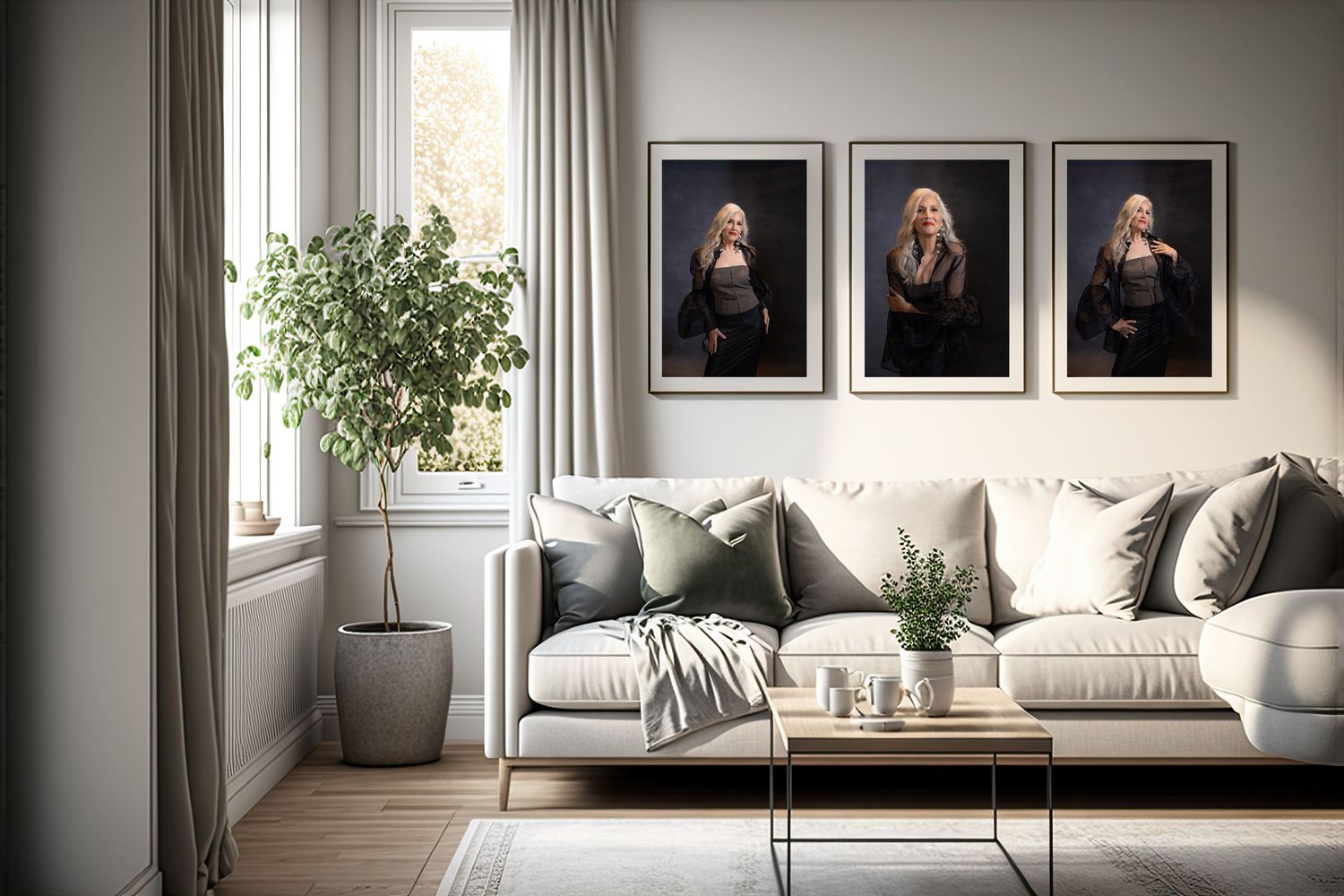 Modern living room with white sofa, wood coffee table, and framed portrait gallery wall.