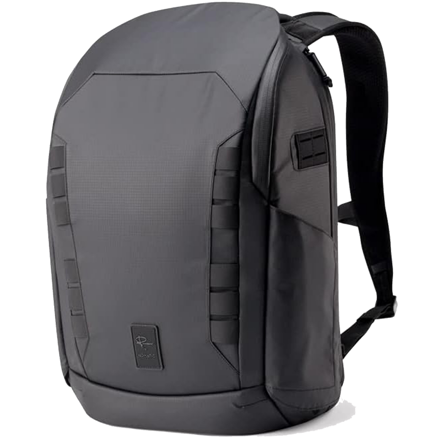 Modern gray tactical backpack with angular design and padded straps for urban use. NOMATIC Peter McKinnon Camera Pack 25L