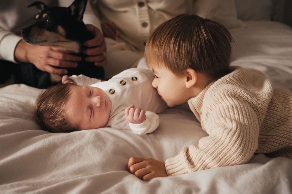 Toddler in beige sweater looking adoringly at sleeping baby sibling on bed.