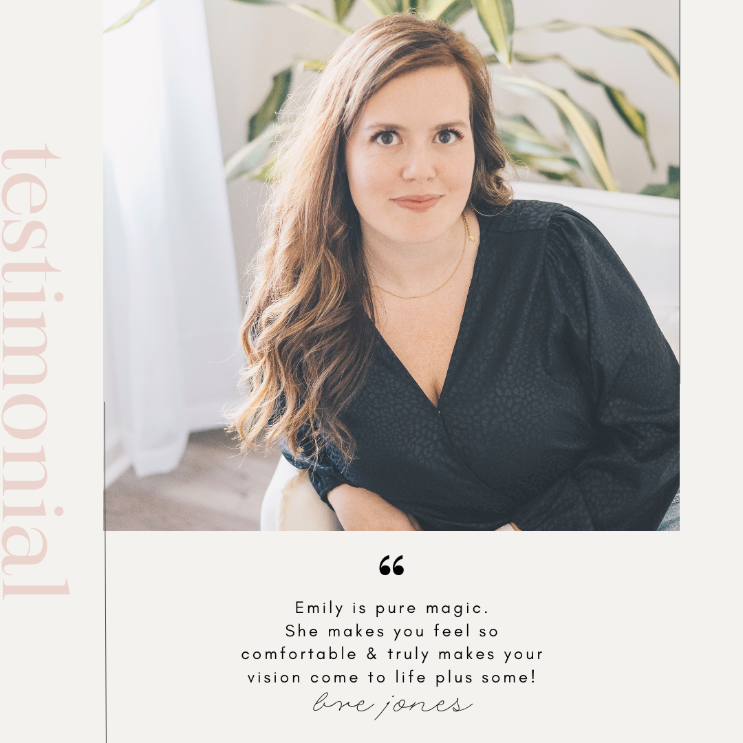 Testimonial graphic featuring woman in black top with quote from Brie Jones praising photographer Emily.